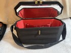 Vintage 1950s Vanity Handbag     Black Structured Box Purse W  Mirror   Red Lining