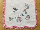 Vtg Hand Embroidered Hummingbird   Flower Table Runner Scarf Crocheted Trim