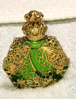 Vintage Czech Gold Filigree Leaves Green Glass 2 25  Perfume Bottle