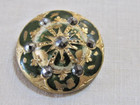 Antique 1800 s  Brass W  Green Enamel Button W cut Steel