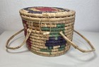 Vintage Colorful Hand Woven Coiled Basket With Handles   Lid Storage Sewing