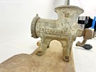 Antique Enterprise 12 Iron Meat Grinder Chopper Tinned With Wood Plank Bench Top
