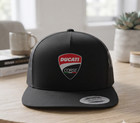 Ducati Corse Logo Embroidered Black Mesh Snapback Trucker Hat Cap