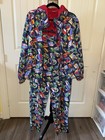 Vtg 90s Hooded Track Suit Sm med Full Zip Post Card Travel All Over Print  A