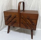 Vintage Wooden Accordion Sewing Box W  Handle   Legs  Brown- Craft Organizer