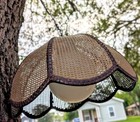 Vintage Boho Two Tone Wicker Rattan Hanging Swag Lamp With Milk Glass Globe 