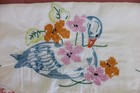 Vtg Hand Embroidered Swan Cotton Pillowcases W  Pink Crochet Trim   pair 