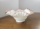Fenton Bowl Pink Rose Trim Crest White Milk Glass Ruffled Edge Candy Bowl Euc