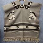 Vintage Heavy Wool Poncho Mens Gray Brown Horse Mexican Gaban Blanket Fringe Os