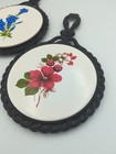 Vintage Mid State Cast Iron Ceramic Tile Trivets Floral Set Pair 1970s Retro 2