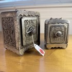 2 Antique Nickle Plated Cast Iron Coin Deposit Safe Still Bank With Horse Heads