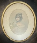 Antique Original Framed Edwardian Lady Holding Flowers Print Lithograph