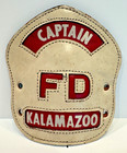 2 Vintage Firefighter Helmet Badges Shield Kalamazoo Michigan Captain Asst Chief