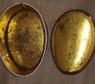 Oval Floral Tin Box With Lid  Cream Green Yellow Blue Gold  Gold Finish  Vintage