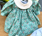 Adorable Vintage Green Calico Dress For Antique Doll- Would Fit Small Doll 9-10