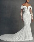 Off Shoulder Lapel Lace Mermaid Wedding Dress Long Sleeve Bridal Gown With Train