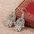 Ancient Silver Pierced Fatima Hamsa Hand Hook Earrings Dangle Drop Brincos Fo   
