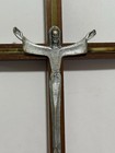 Vintage Mcm Wooden Wall Crucifix Cross Brass Inlay Metal Jesus Catholic