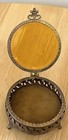 Vtg Gold Filigree And Velvet Round Jewelry Casket Box Beveled Glass Footed