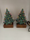 Pair Of Vintage Ceramic Christmas Trees Sit On Top Walnut Base Night Lights