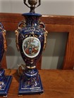 Antique French Sevres Style Cobalt   Gold Hand-painted Lamps Matching Pair Nice