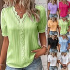 Womens V Neck Lace Hollow T-shirt Casual Loose Short Sleeeve Blouse Tops Tee New