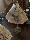 4- Primitive Mini Tabletop Christmas Trees With Rusty Bells And Doilies