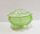 Vintage Art Deco Green Uranium Glass Vanity Powder Jar Dish Celluloid Lid Glows 