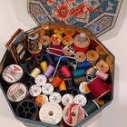 Vintage Tin Full Of Vtg Thread Every Color Wooden Spools Thimble Chalk Etc 