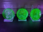 Vintage Set Of 5 Federal Glass Green Uranium Coasters  glow  Vaseline Depression