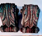Pr Antique Architectural Hand-carved Corbel Reclaimed Wood Brackets Green Patina