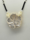 Vintage Lee Sands Carved Shell Flower Necklace W  Onyx   Shell Beads 16 l Drop