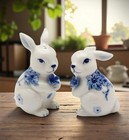 Ceramic Easter Bunny Rabbits With Blue Flowers Salt And Pepper Shakers  Gift For