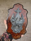 Antique French Metal   Wood Holy Water Font Angels Crucifix Plaque Rare