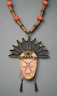 Vintage Tribal Headdress Pendant Necklace     25        Brass  Coral  And Carved Stone