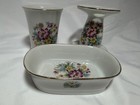 Vintage 3 Pc Ceramic Vanity Set Soap Dish Toothbrush Holder Cup Cottagecore c11 