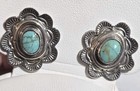 Vintage Native American Sterling Silver Turquoise Earrings flower Shape - Signed