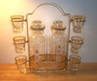 Vintage 9 Pc Liquor Bar Caddy Set-2 Decanters 6 Shot Glasses caddy