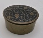 Vintage Brass Pill Trinket Box Enamel Lid Black Gold Grapevine Stash Spices 
