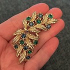 Vintage Brooch Pin Leaves With Blue   Green Rinestones Gold Tone Unbranded