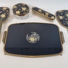 Vintage Vanity Set Black Gold Leaves Mirror Brush Tray Pot