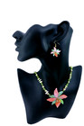 Lee Sands Inlaid Orchid Flower Earrings Pendant 18  Gemstone Pearl Necklace Set