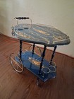Vintage Blue Italian Marquetry Tea   Bar Cart Metal   Wood Serving Drop Leaf
