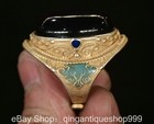 1 4  Old Chinese Copper Enamel Inlay Cat Eye Stone Totem Pattern Jewelry Ring