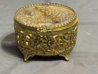Vtg Mcm 4 25  Ormolu Gold Filigree Oval Casket Jewelry Box Beveled Glass Lid