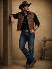 Men s Brown Genuine Lambskin Leather Vest     Vintage Western Cowboy Biker Trucker