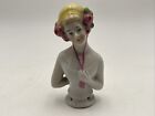 Vintage Porcelain Half Doll Pin Cushion Figurine Blonde Lady Woman Flowers Scarf