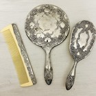 Vintage Vanity Set Silver Plate Hand Mirror Brush Comb 3 Piece Ornate Floral Set