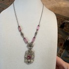 Antique Art Deco Silver Tone Pink Czech Glass Filigree Necklace 18 Inch s  