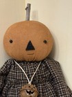 14  Handmade Primitive Fall Halloween Pumpkin Head Doll With Rusty Bell